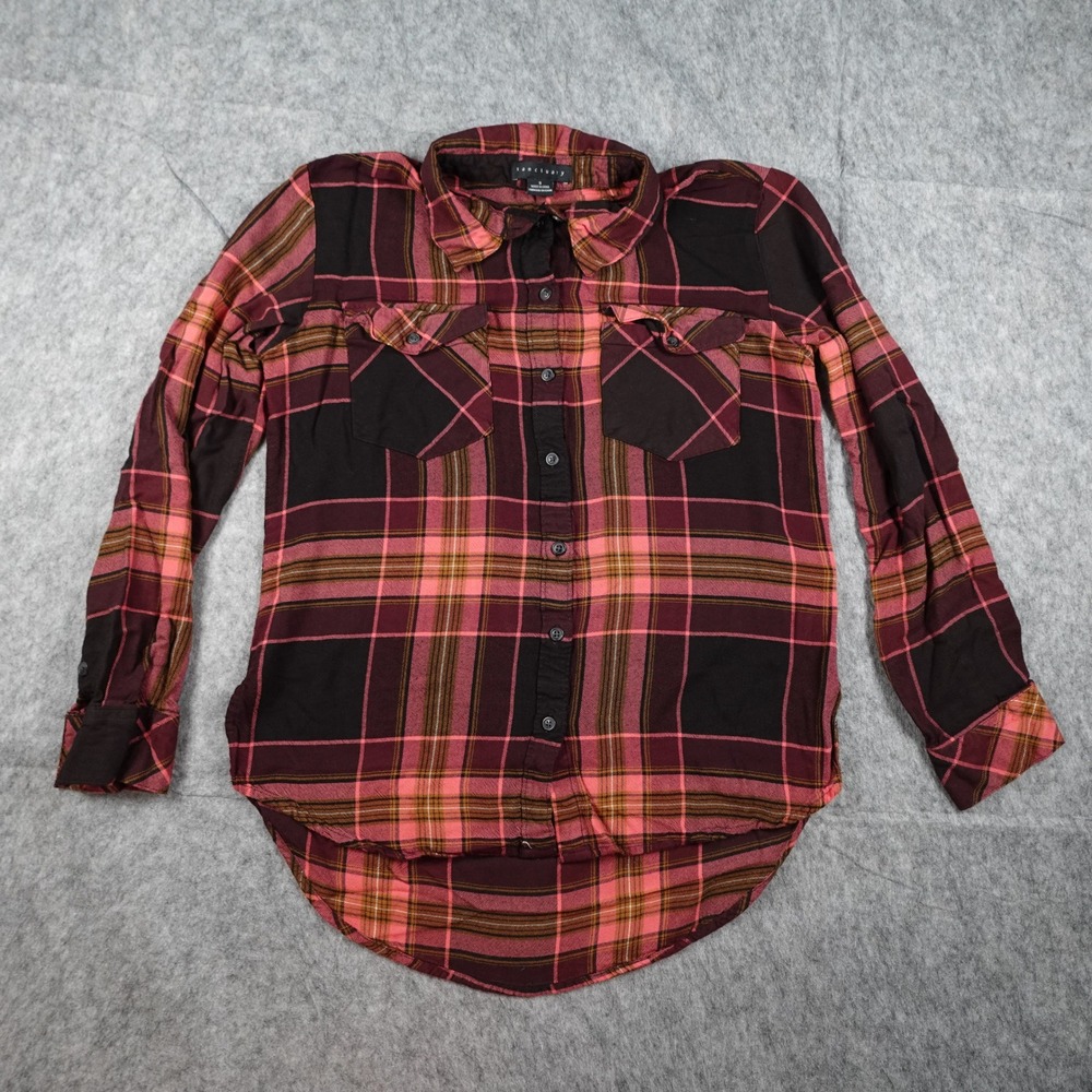 Sanctuary Top Women Small Pink Red Plaid Button Down Hi Low Western Equestrian